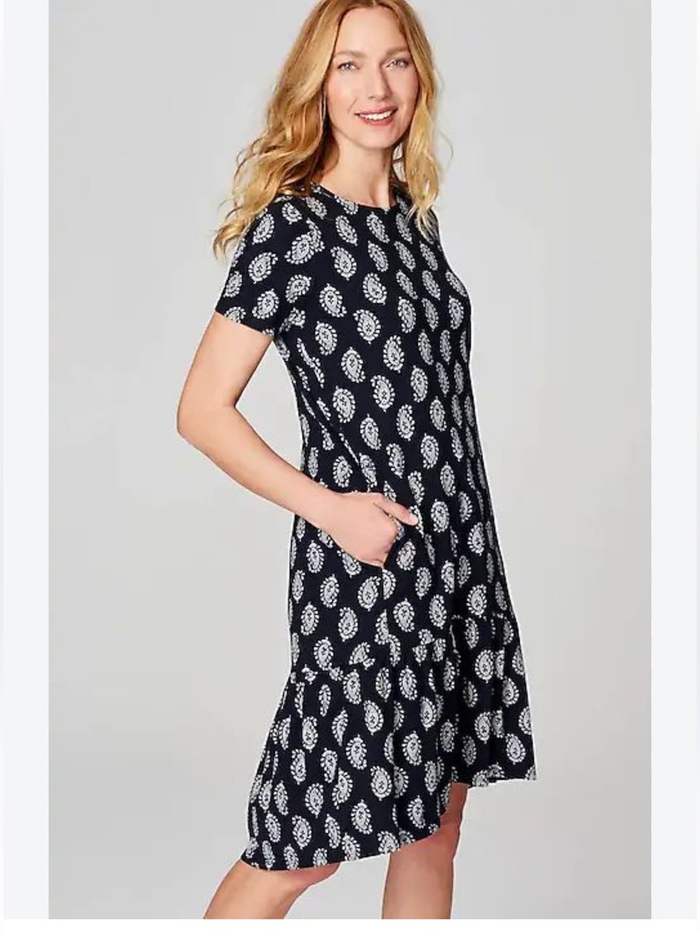 J. Jill Navy Blue Midi Short Sleeve Paisley Shift Dress with Ruffle Hem, size M